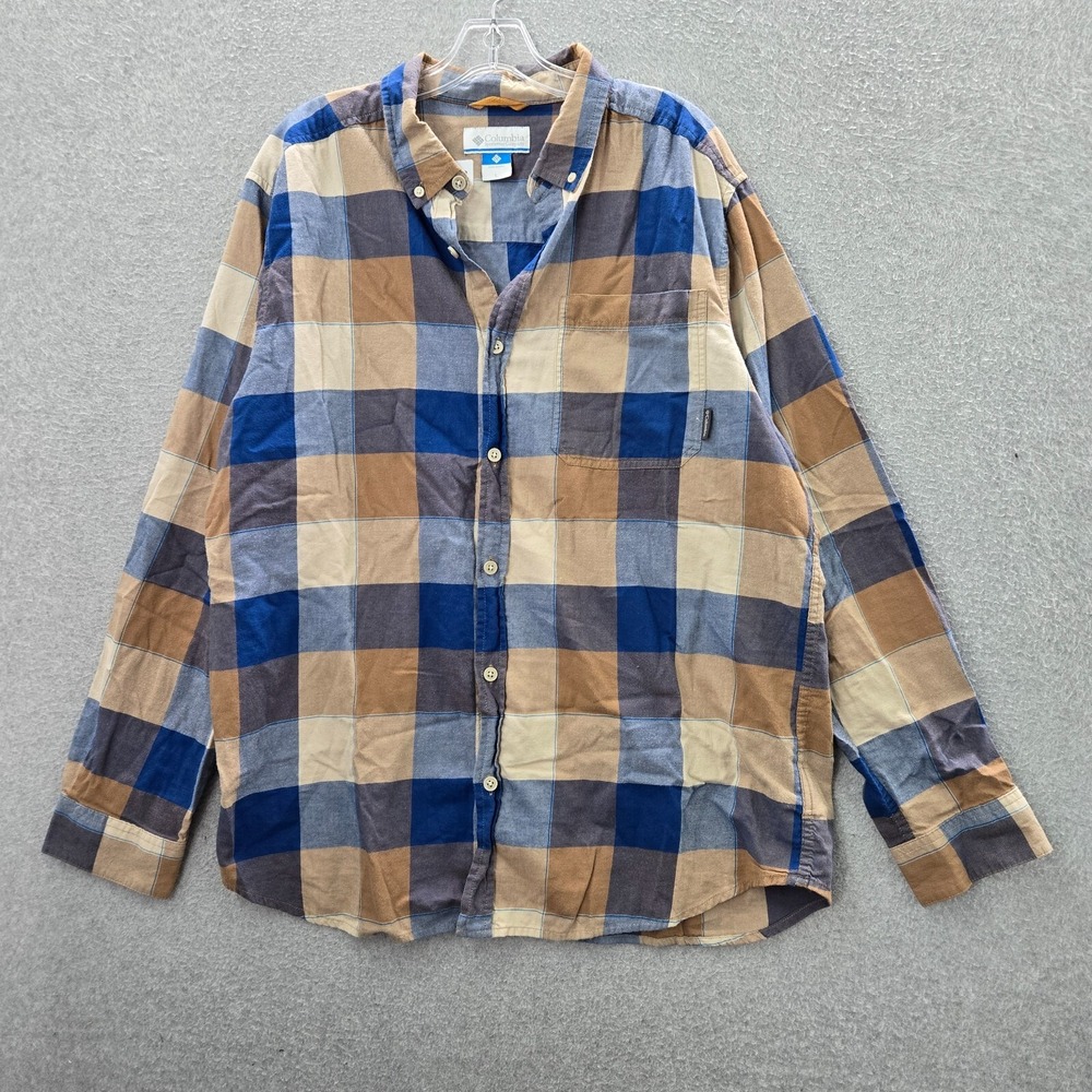 Columbia Men Button Up Shirt Large Blue Plaid Flannel Long Sleeve Collar